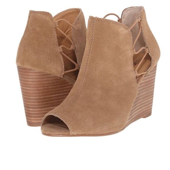 Lucky Brand Carmel Brown Suede Peep Toe Wedge Booties - Picture 1 of 12